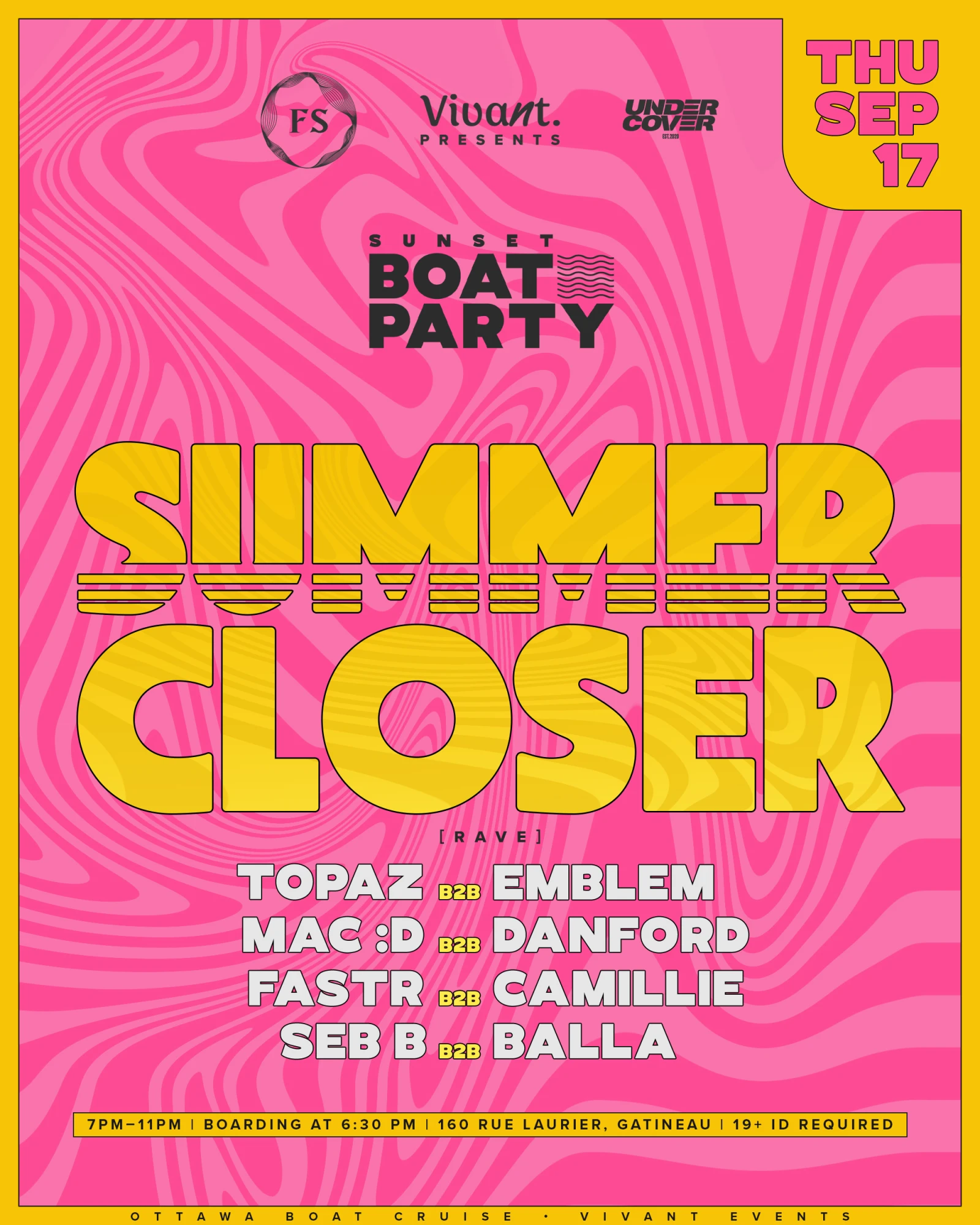 Pink and yellow Summer Closer poster for the September 17 sunset boat party.