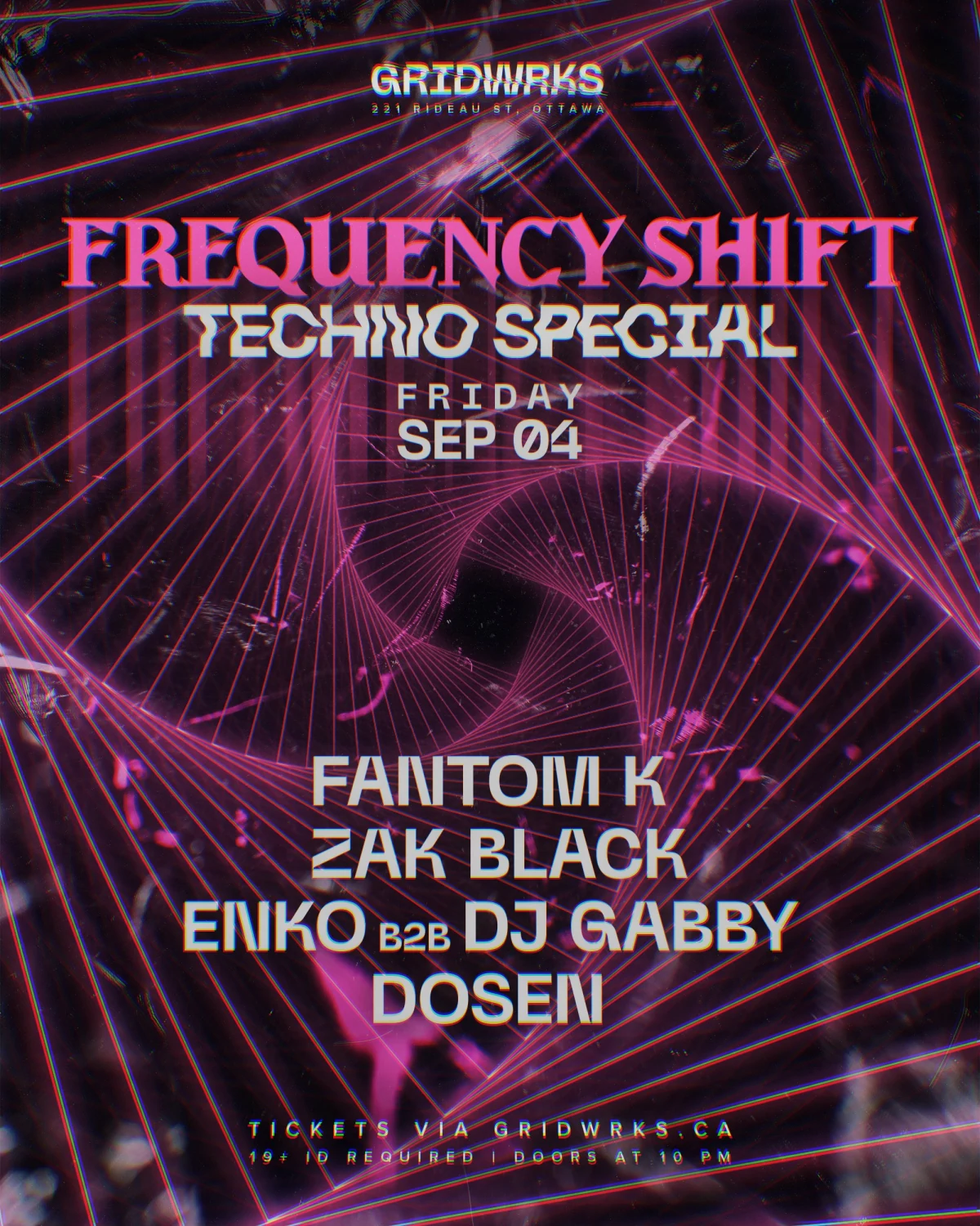 Frequency Shift Techno Special poster for September 4 at GRIDWRKS with Fantom K, Zak Black, ENKO b2b DJ Gabby, and DOSEN.