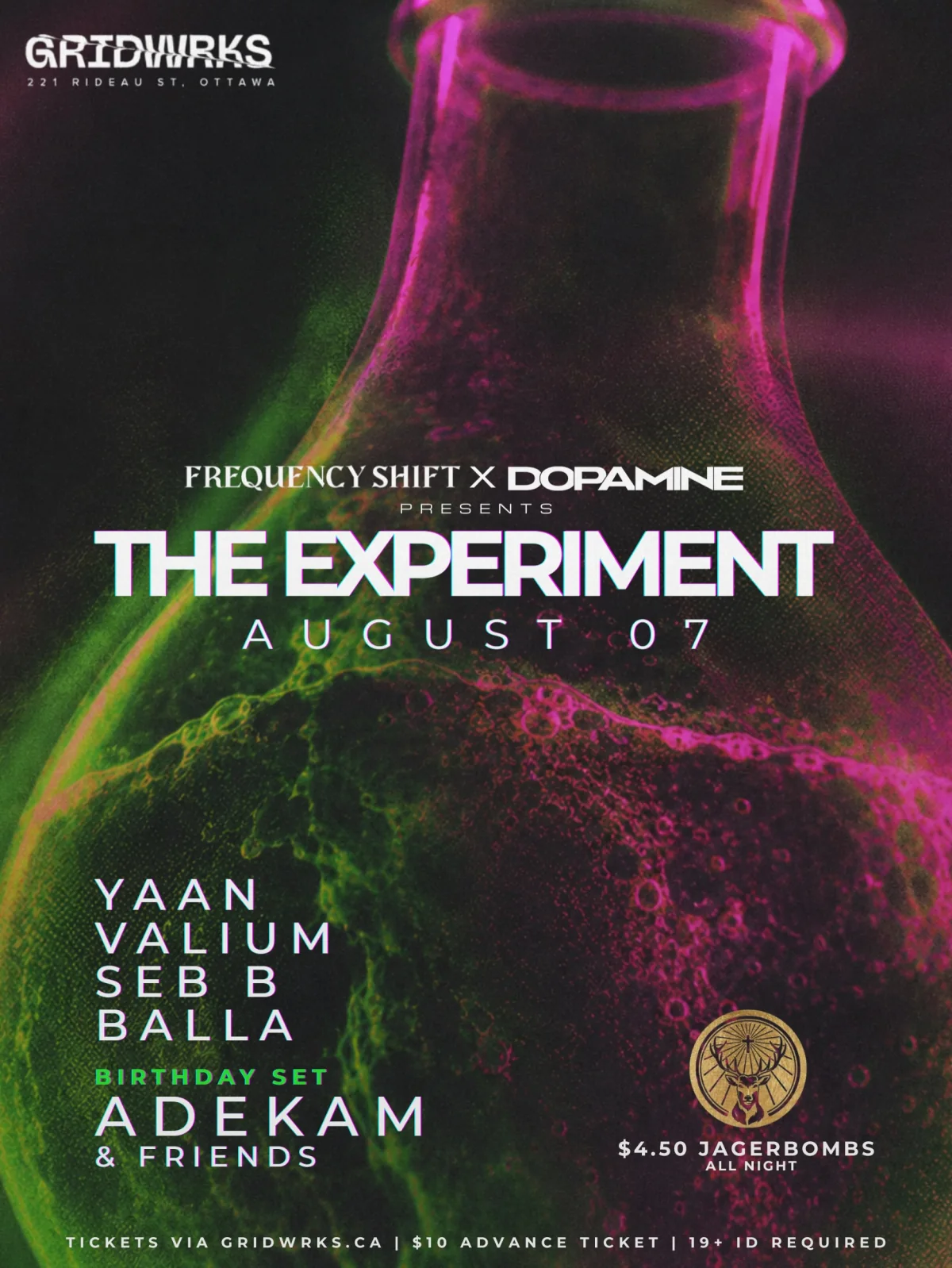 The Experiment event poster with neon green and magenta laboratory artwork and the August 7 lineup.